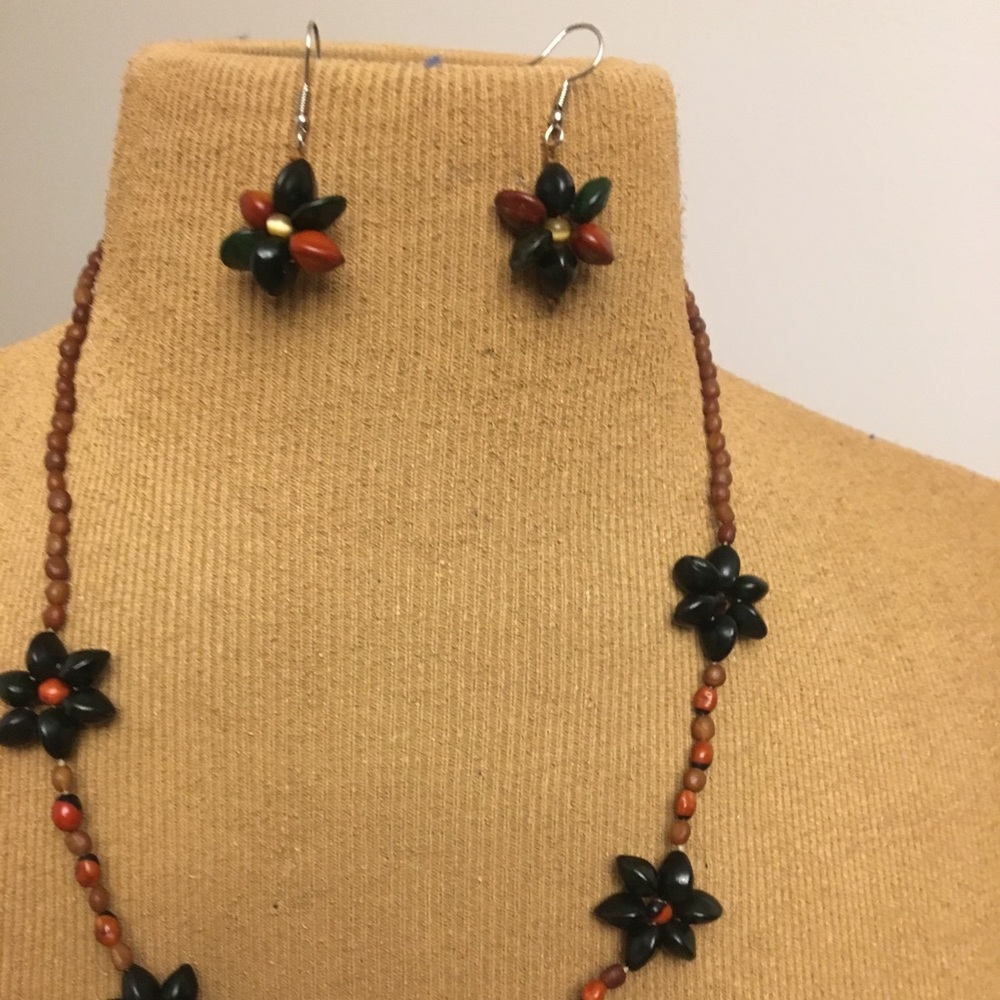 Wooden Flower Beaded Necklace and  Earring Set
